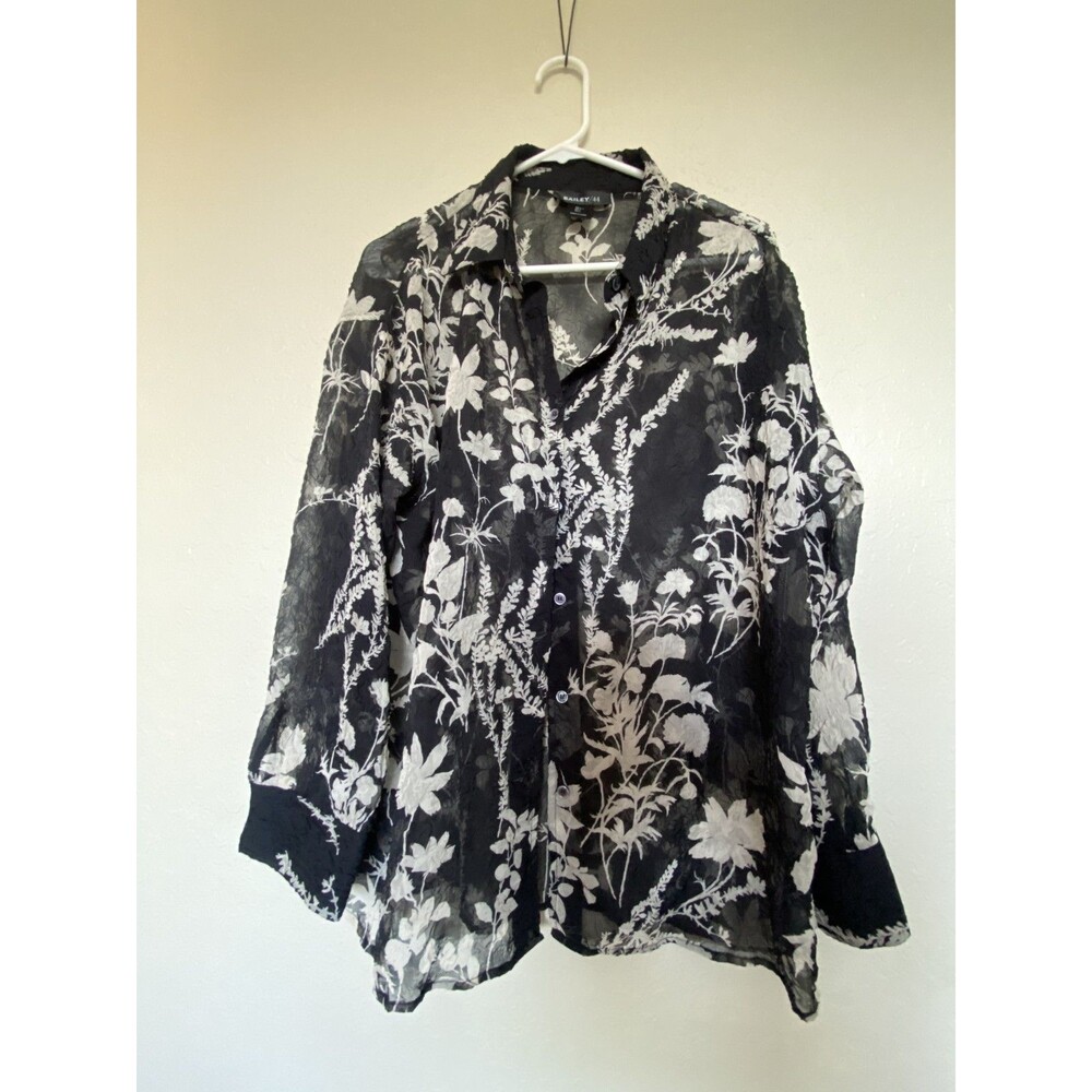 Bailey/44 Womens Floral Button Down Shirt Black White Sheer Crinkle Large L